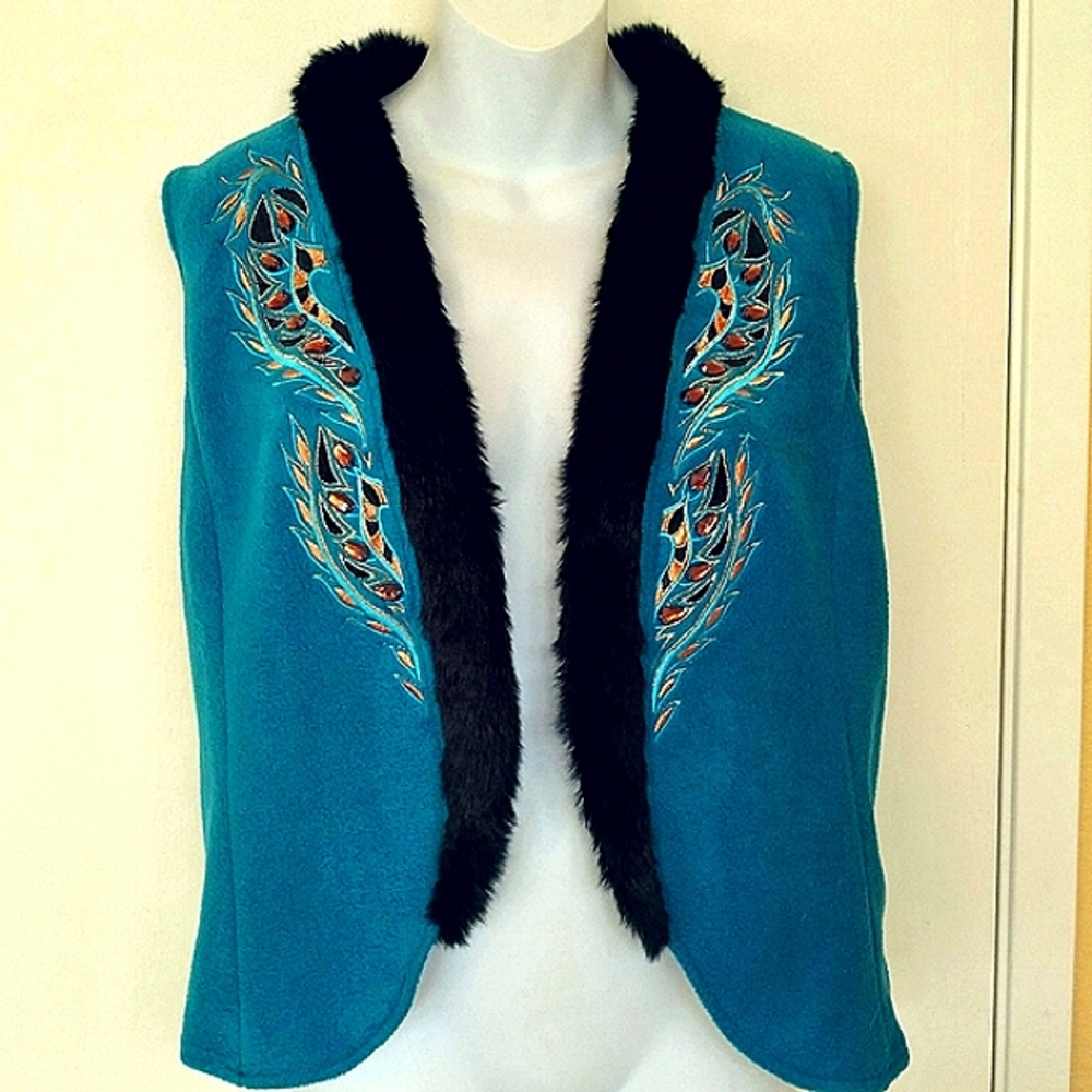 Bob Mackie Wearable Art Fur-Trimmed Jeweled & Embroidered Vest S